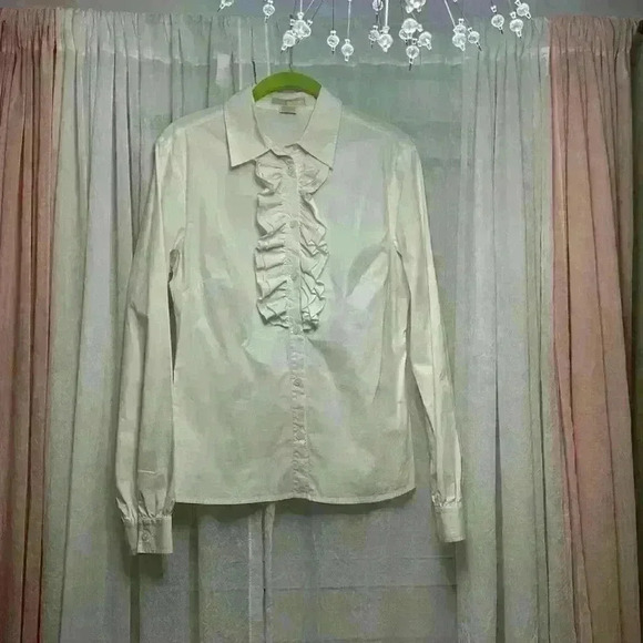 Micheal Micheal Kors Sz 8 Ivory Cream Ruffled Stretch Button Up item# 8J - Picture 1 of 5